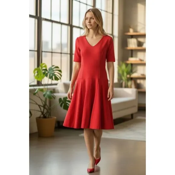 Anne Klein Size 12 Short Sleeve Knee Length Skater Dress Strawberry Red Textured - Picture 2 of 8